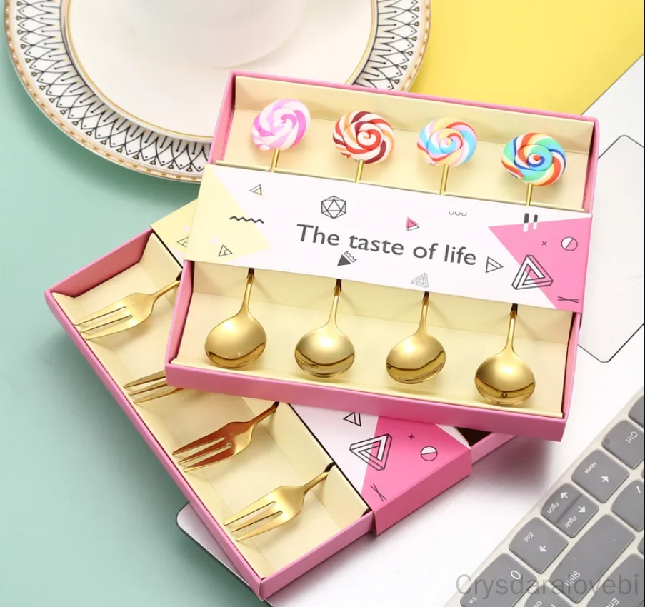 

Creative Stainless Steel Coffee Spoon Stirring Spoon Cartoon Lollipop Small Spoon Dessert Fruit Fork Gift Box Set
