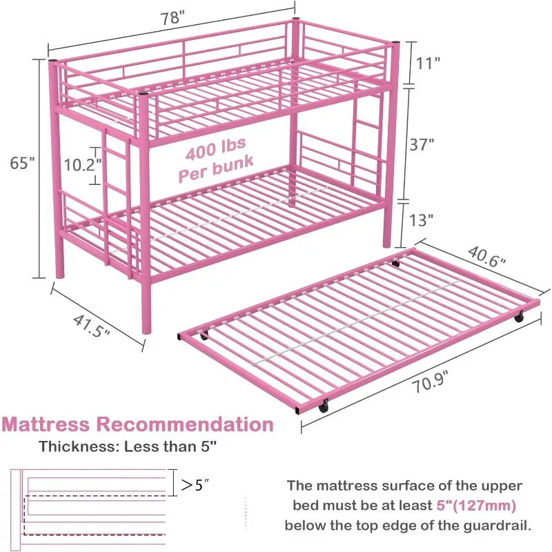 Loft Bed Twin Size with Desk Metal Bunkbeds with Ladder and Full-Length Guardrail, Noise Free, No Box Spring