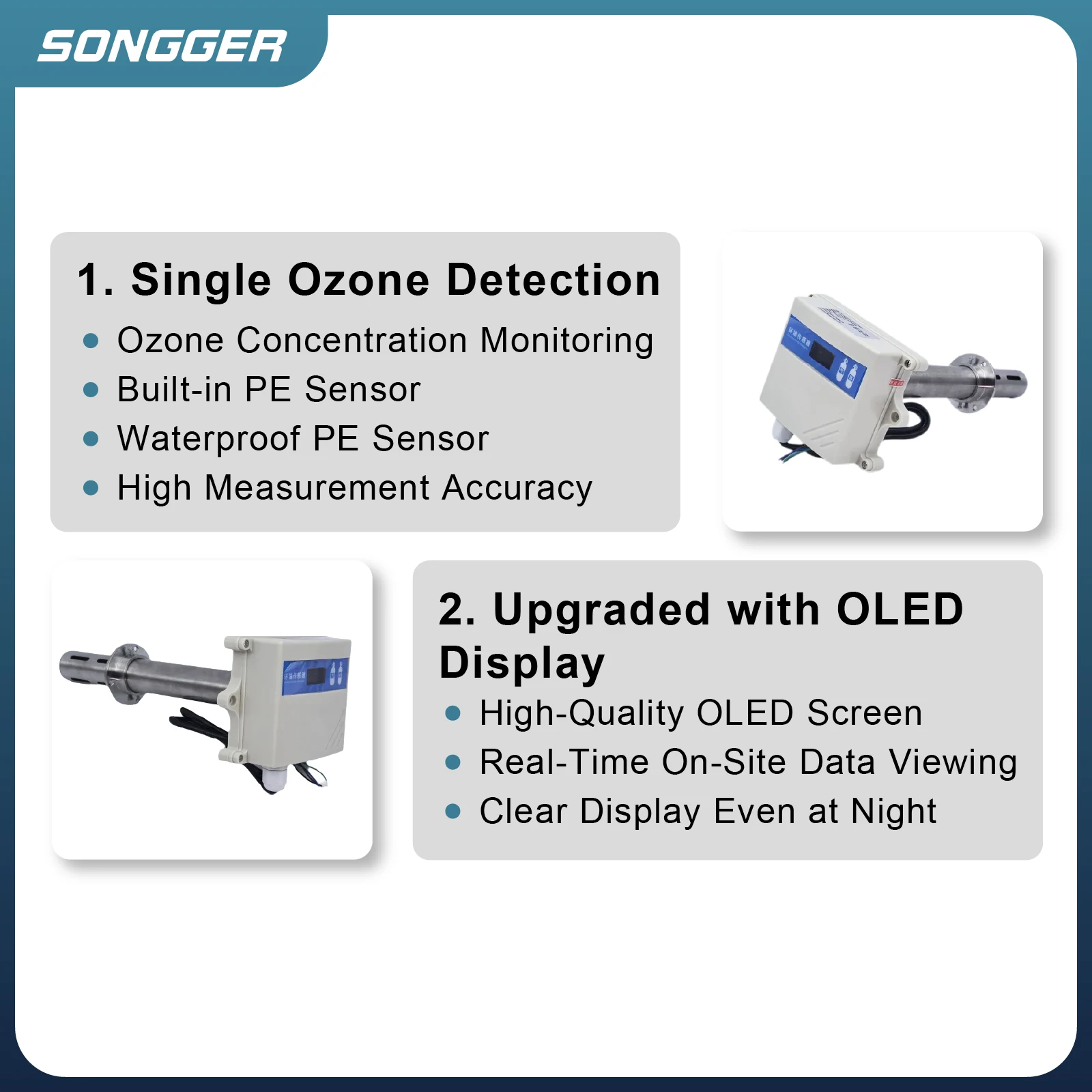 RS485 4-20mA QT-G10QS Duct Type Ozone Sensor Transmitter 0-10V O3 Detector Range 0-10ppm 0-100ppm Fixed Transmitter  IP65