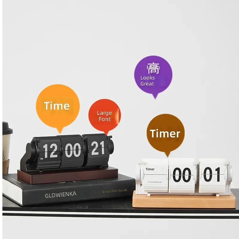New Retro Wooden Base Automatic Page Turning Clock USB Alarm Clock Desktop Timing Clock