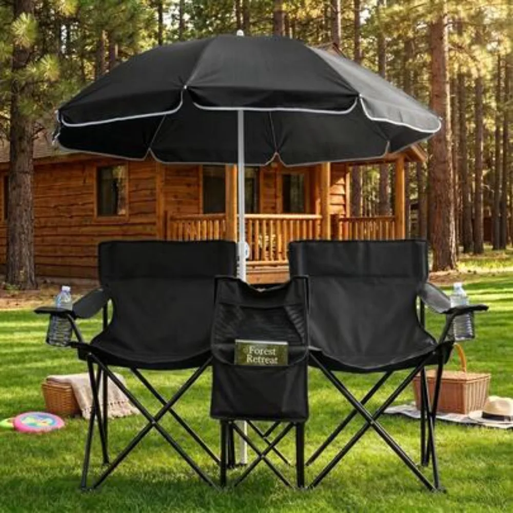 XL Double Folding Fishing Chair with Umbrella and Cooler Bag, Portable Heavy Duty Outdoor Loveseat for 2 Adults 480 Lbs, Cup Holders Storage Pockets Adjustable Shade Canopy, Lightweight Collapsible Camping Chair for Beach Lake Fishing Picnic Sports Events