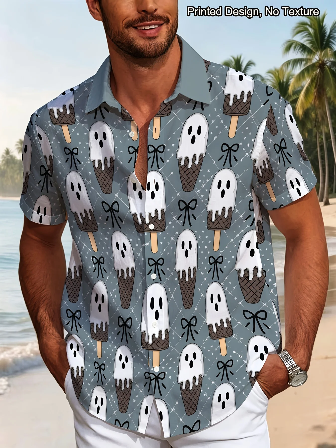 Men Short Sleeve Button Down Shirt Halloween Ghost Ice‑Cream Print Polyester Casual Party Beach Blouse