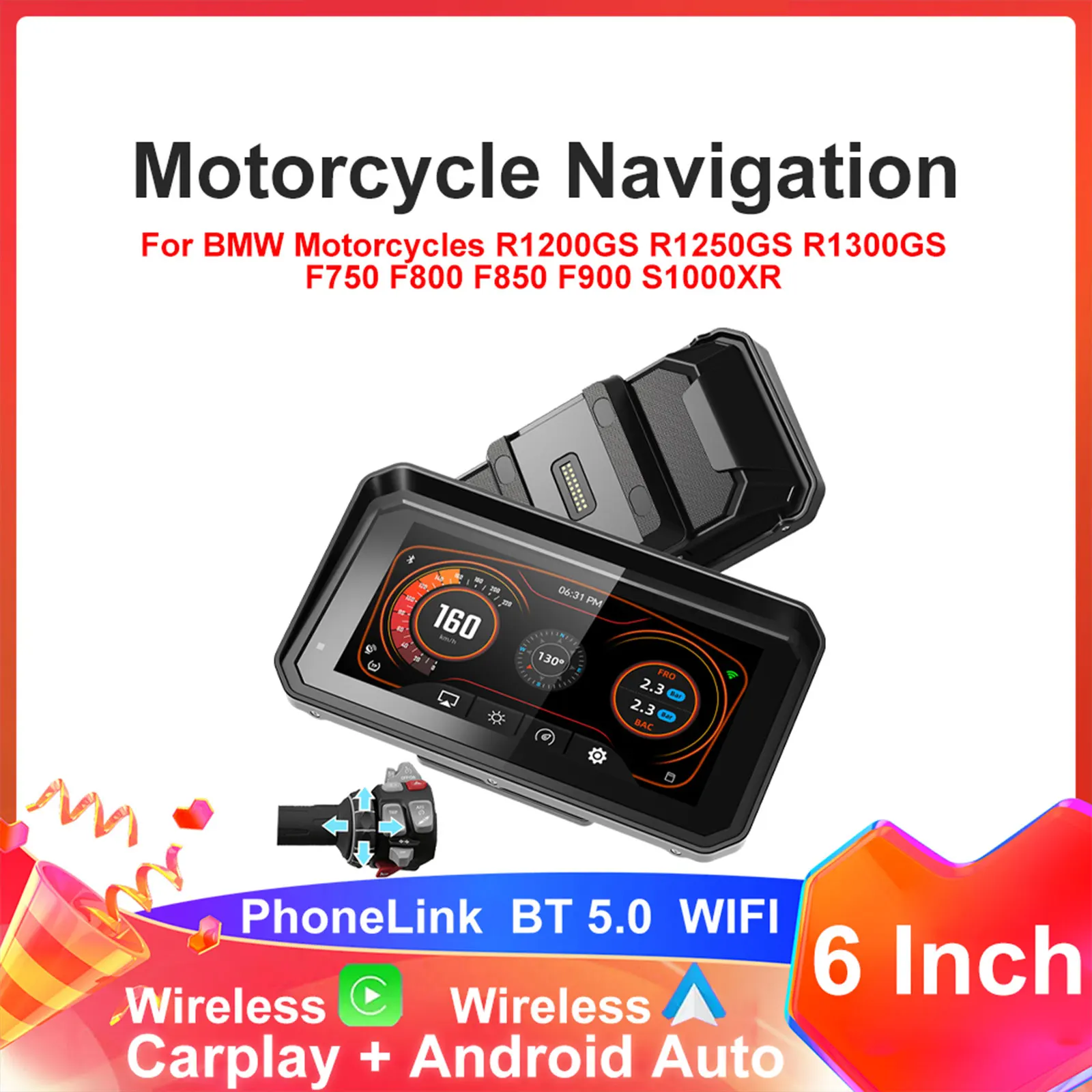 

WEUASTE 6-дюймовый мотоциклетный GPS-навигатор с поддержкой CarPlay и Android Auto, DVR для BMW R1200GS, R1250GS, F800, F900, S1000XR