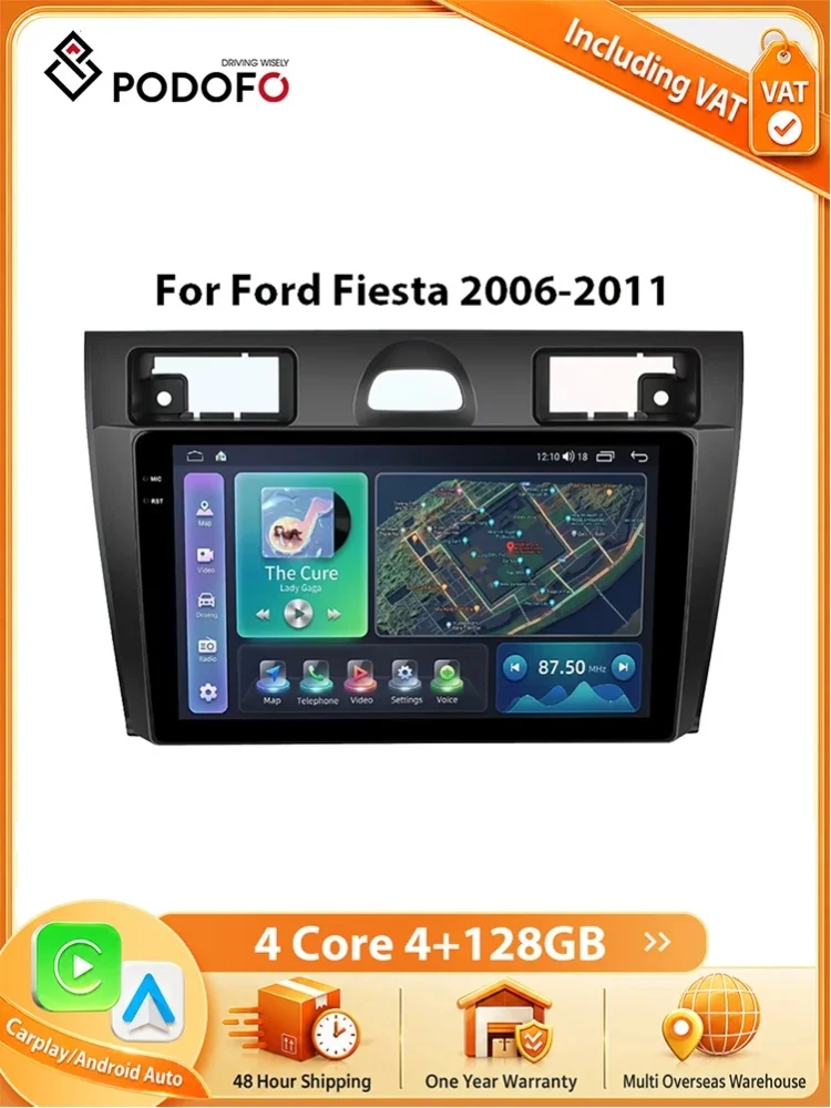 Podofo Kabelloses Carplay Android Auto Radio für Ford Fiesta 2002-2008 Intelligente Autosysteme BT DSP EQ 2din Ohne DVD Autoradio