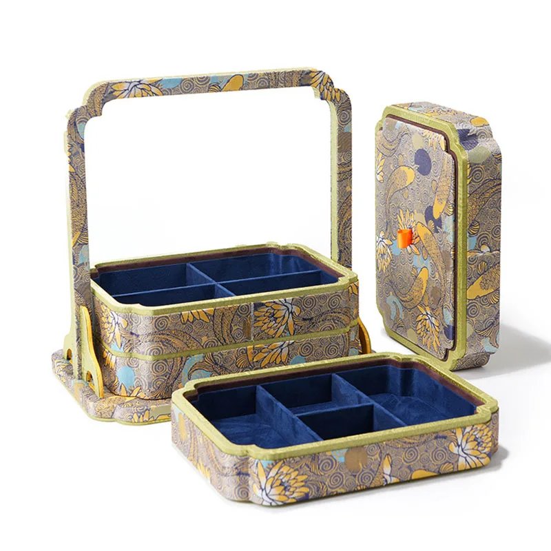 New Chinese Style Jewelry Box Embroidered Jacquard Jewelry Storage Boxes Multilayer Bracelet Organizer Box Basket Jewelry Boxes