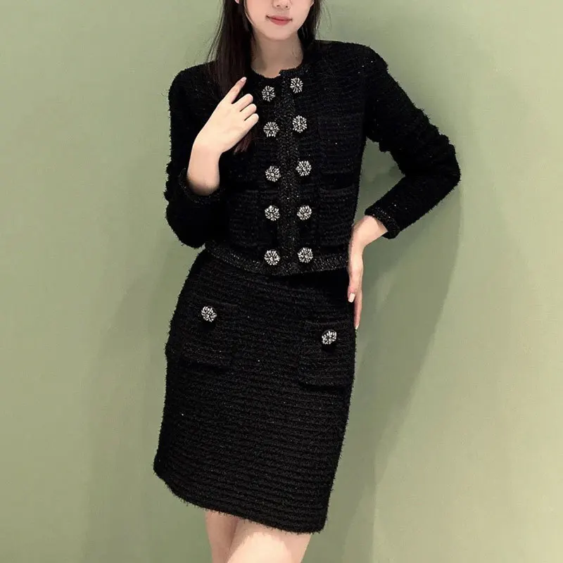 Women's Sequined Knitted Sets Retro Rhinestone Buttons Short Jacket Fashion High Waist Mini A-Line Skirts Y2K Clothes Runway