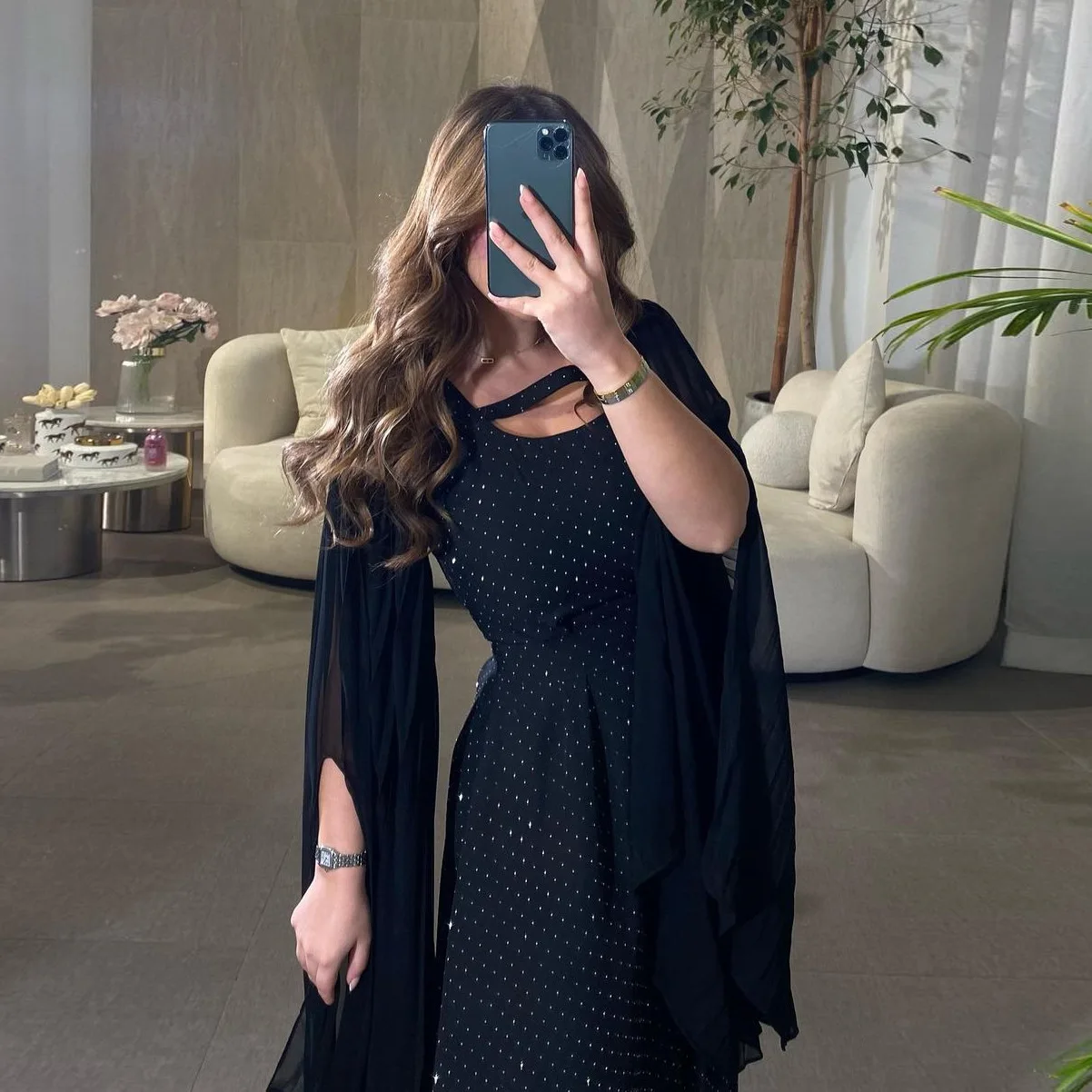

Women's Black Diamond Studded Casual Trendy Elegant Long Sleeve Ankle Length Dresses Female Clothes Middle East Muslim Fashion