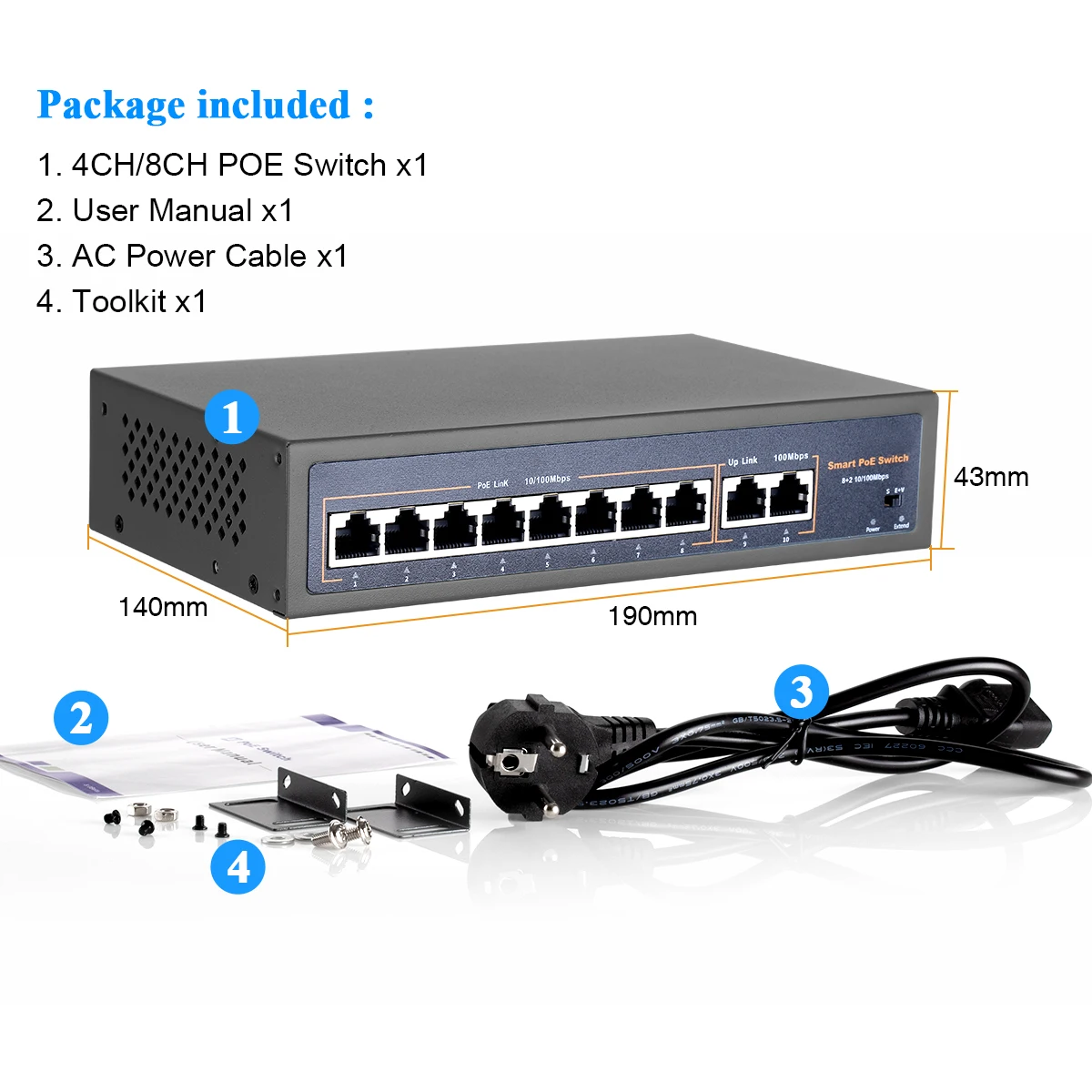 Przełącznik POE sieciowy Techage 4CH 8CH 16CH 52V do kamery IP Ethernet i bezprzewodowego AP & System kamer CCTV, 10/100Mbps IEEE 802.3 af