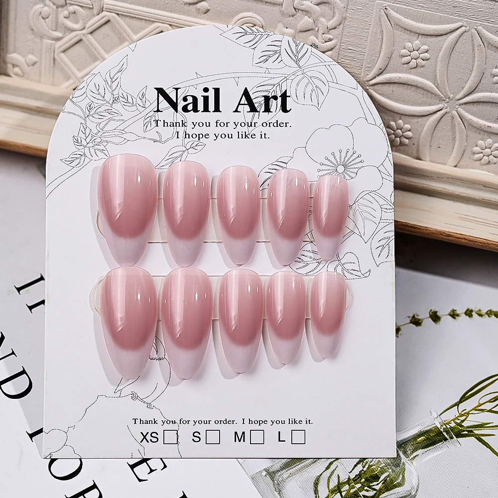 24pcs Pink White French Press on Nails Ice-Transparent Almond Nail Patches Simple Style Manicure Full Cover Detachable Nail Tips