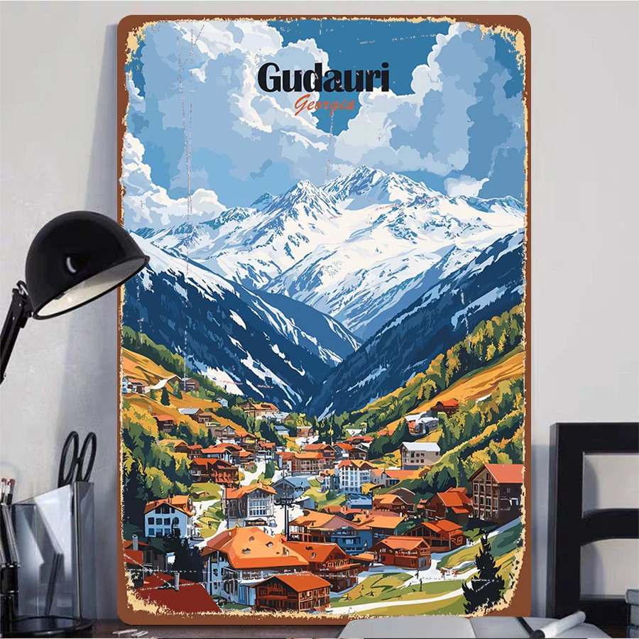 Gudauri Georgia Mountain Village Metal Wall Art Alpine Landscape Decor for Home Office Living Room Decoration