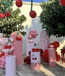 Cherry Theme Cylinder Plinth Covers for Girls Birthday Parties Red Plaids Pink Stretchy Pedestal Cover Party Tablecloth Decor