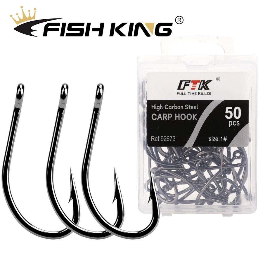 FISH KING High Carbon Stainless Steel Barbed Carp Fishing Hooks 50PCS/PACK 1#2#4#6#8#10# Pack with Fishing Hook Tackle