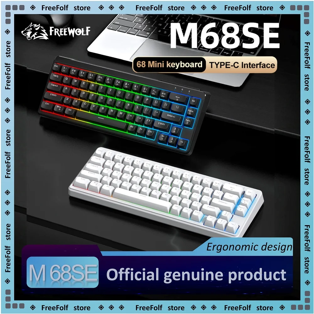 

FREEWOLF M68SE 68-клавишная проводная мини-клавиатура, эргономичная, ослепительная подсветка и совместима с несколькими системами