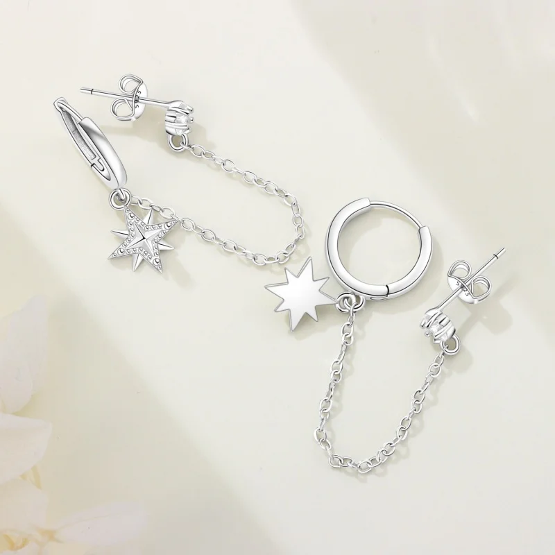 MISEFF New 925 Sterling Silver Hoop Earrings Vintage Octet Star Earrings Fringe Star Zirconium Jewelry Birthday Female Gifts