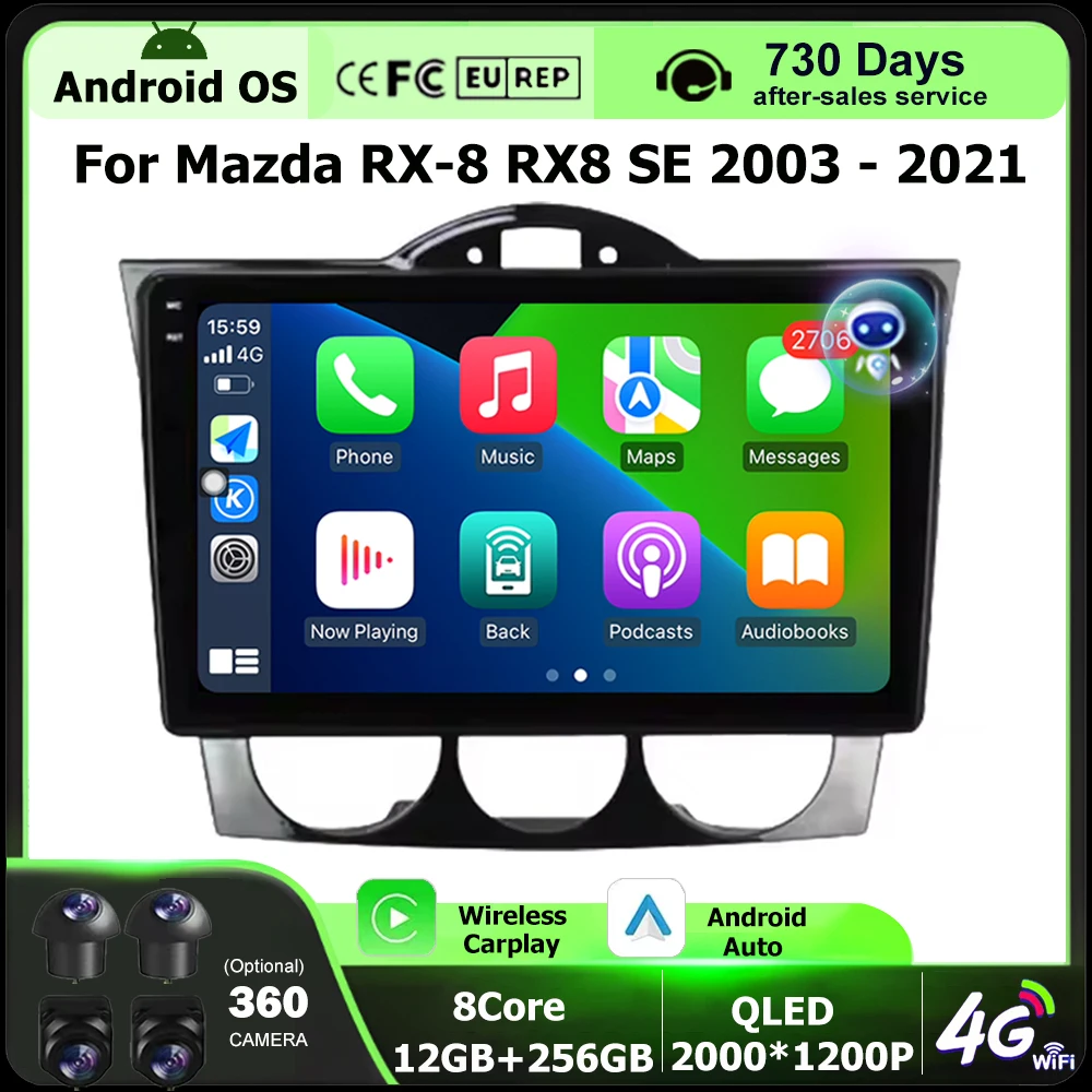 Android 16 Auto For Mazda RX-8 RX 8 RX8 SE 2003-2021 Car Radio Multimedia Video Player GPS Navigation Stereo 4G BT DSP Head Unit