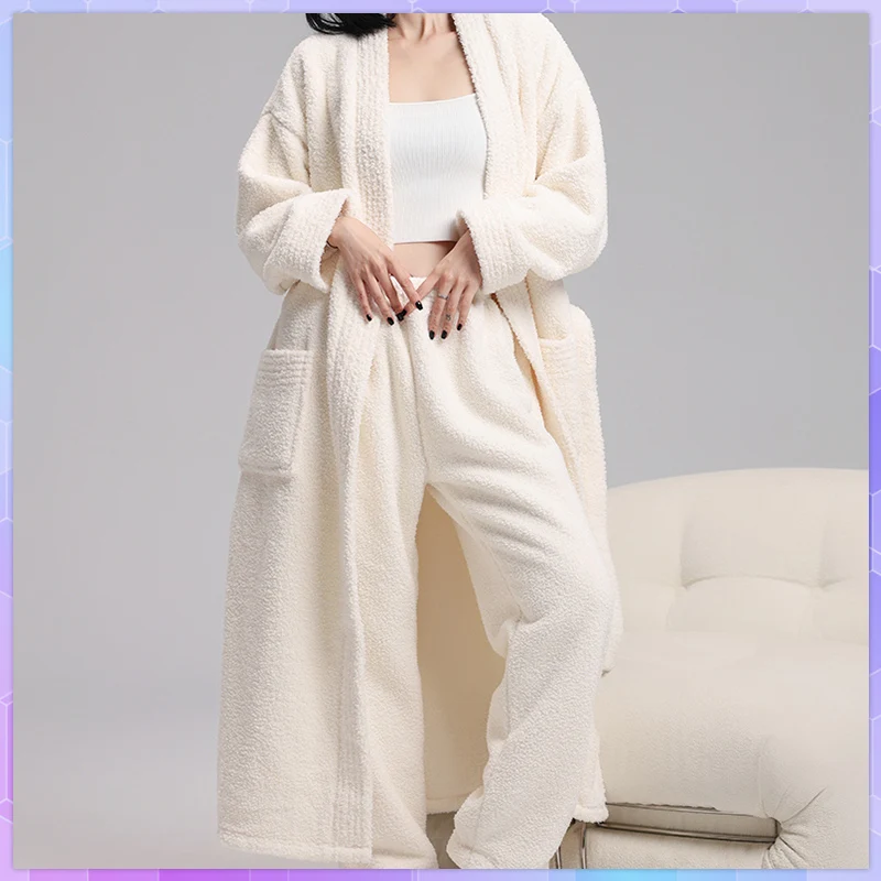 

Women's Pajama Sets Winter Coral Fleece Warm Pajamas Sleepwear Set Long Sleeve Shower Robe Kimono Flannel Bathrobe Nightdress