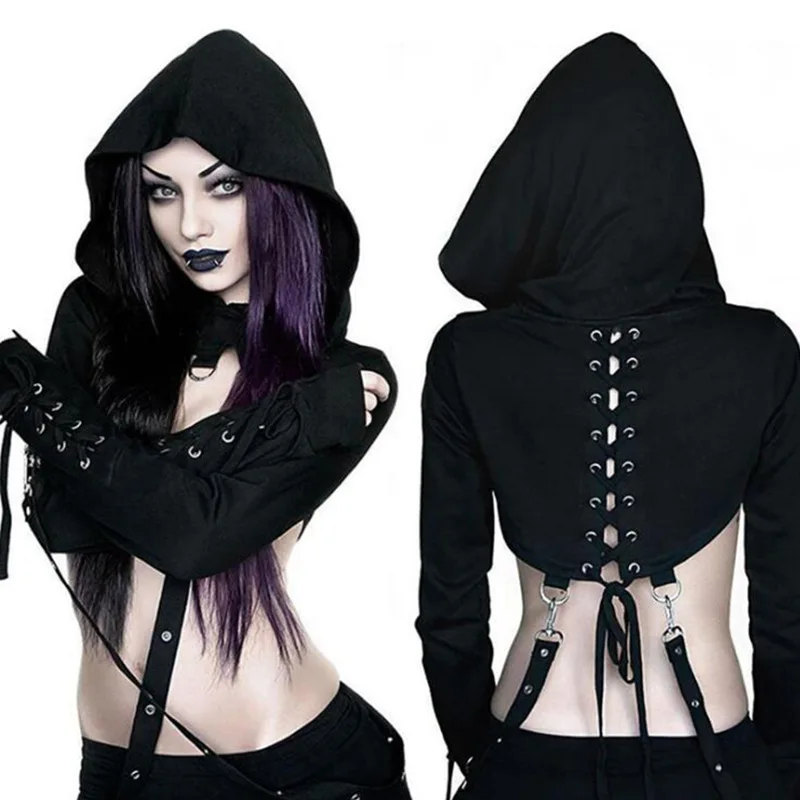 القوطية Sle loween التعادل الخصر طويل Sve هوديي المرأة Faion الشرير البصرية Ro البطن زر Baring الشارع الشهير عارضة #1