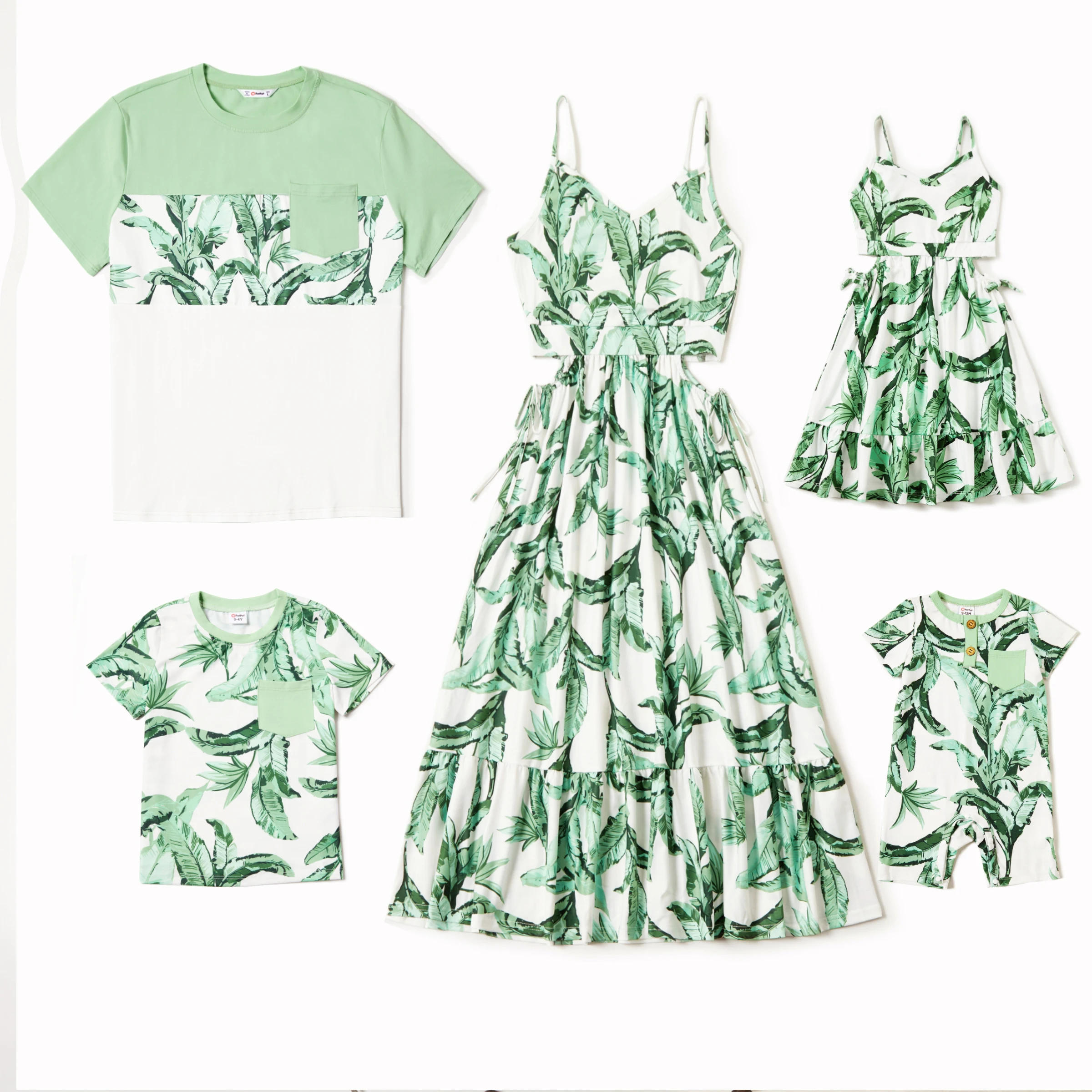 

PatPat Family Matching Color Block Tee and Green Leaf Pattern Cut Out Drawstring Waist Strap Dress Sets