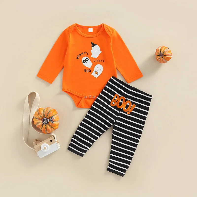 

Baby Girl Halloween Costume Set Pumpkin Print Long Sleeve Romper Pants Cute Ghost Stripe Spring Outfit for Infants