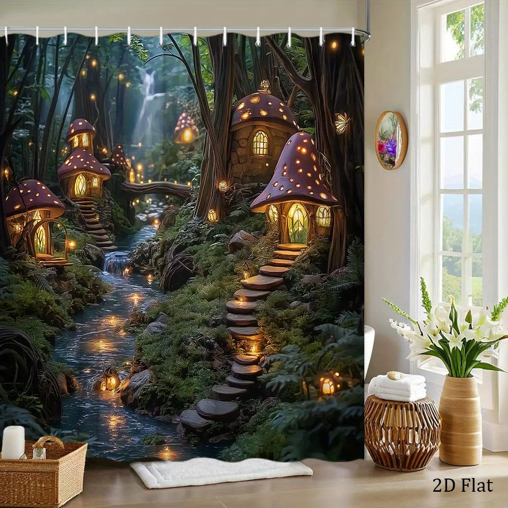 Fairy-tale Forest with Lantern-lit Cottages Shower Curtain with Stone Path and Waterfall Enchanting Woodland Bath Decor with 12