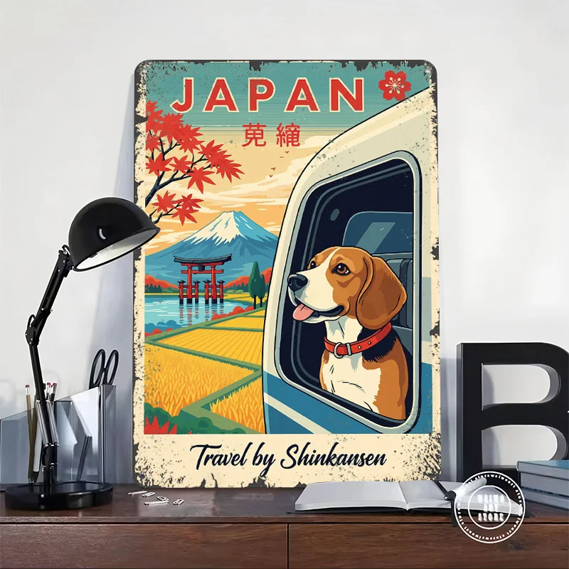 Japan Travel By Shinkansen With Dog Tinplate Poster Customized Wall Art Vintage Retro Metal Signs for Decoration Garage Man Cave