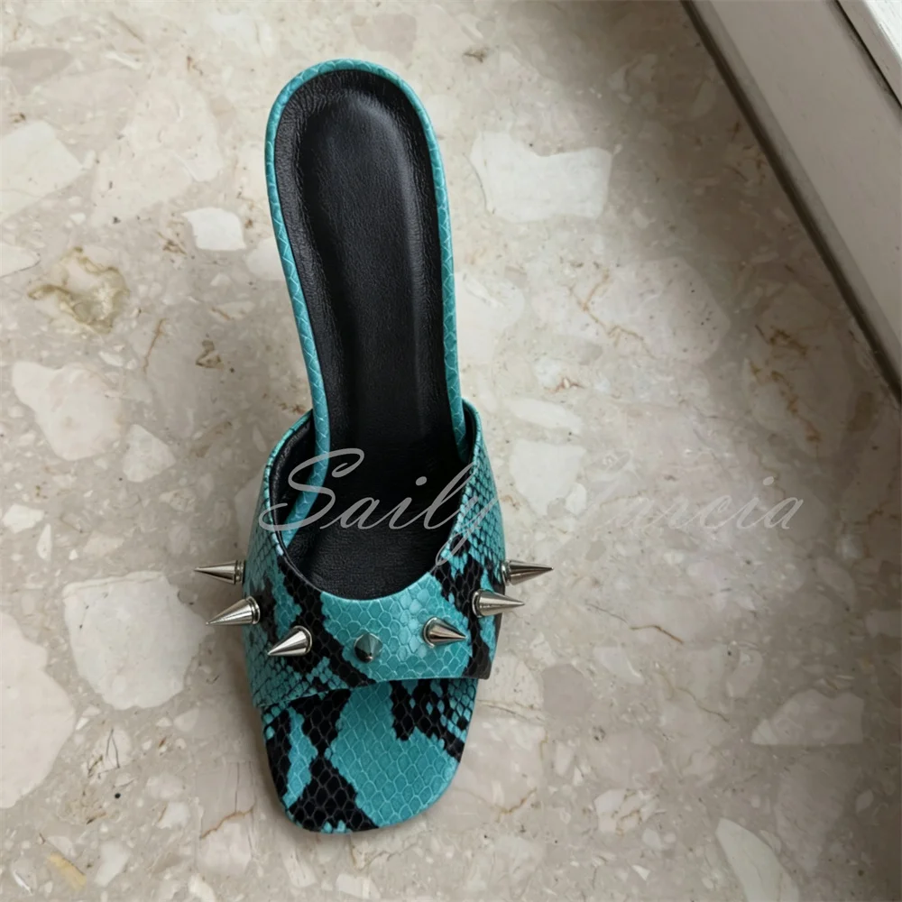 Snake Pattern Patchwork High Heel Slippers Women Sexy Square Toe Stiletto Heel Rivets Slingback Punk Style Party Dress Mules