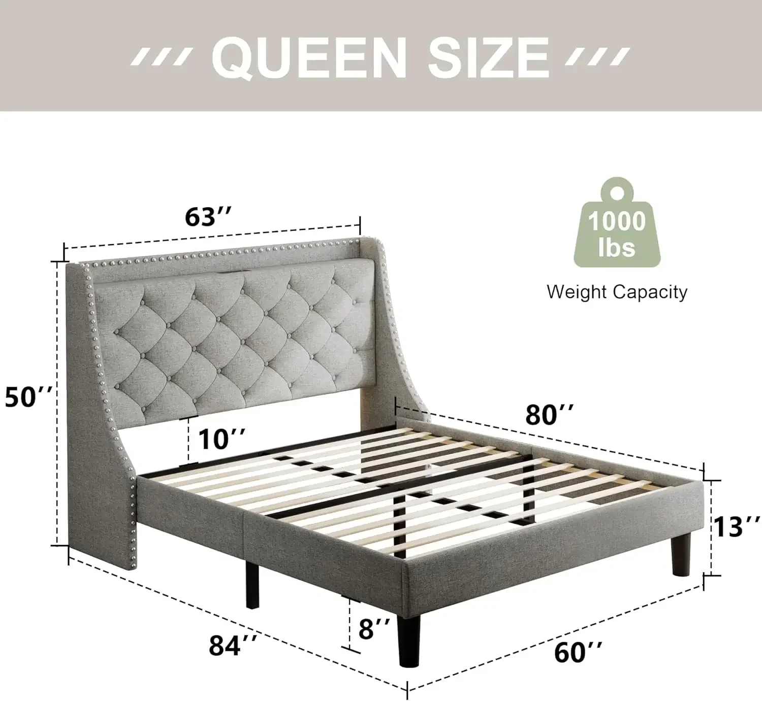 Queen Bed Frame with Luxury Wingback Upholstered Button Tufted Storage Headboard, Queen Platform Bed with Charging Station