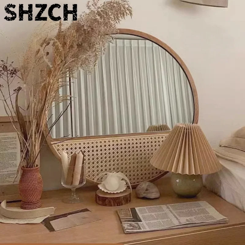 Vintage Wooden Makeup Mirrors Wall Mounted Rattan Weaving Mirror for Dormitory Homestay Wall Stickers Desktop Decorative Mirror