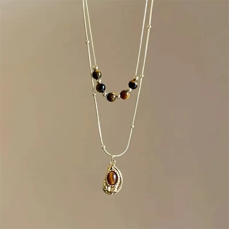 Vintage Leder braun Stein Sonne Anhänger Perlen Halsband Schlüsselbein Kette Halskette für Frauen einzigartige Y2K personalisierte Grunge Schmuck