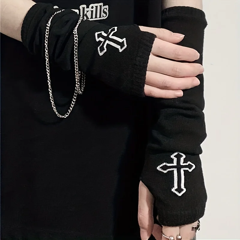 Punk Cross Pentacle Moon Pattern Długie rękawiczki bez palców Gothic Black Cuff Kobiety Mężczyźni Ninja Outdoor Cos Rękawiczki na łokieć Ocieplacze