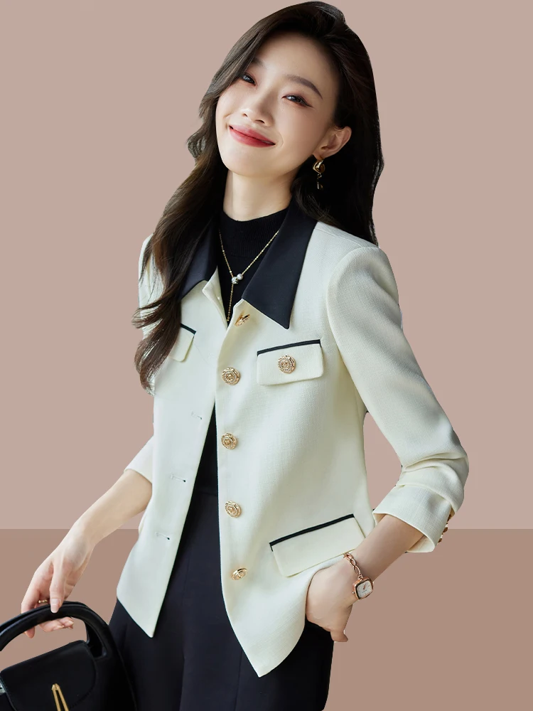 Beige Casual Style Short Suit Jacket Women Spring Autumn Fashion Small Size Trendy Button Splice Pocket Loose Fit Long Sleeve