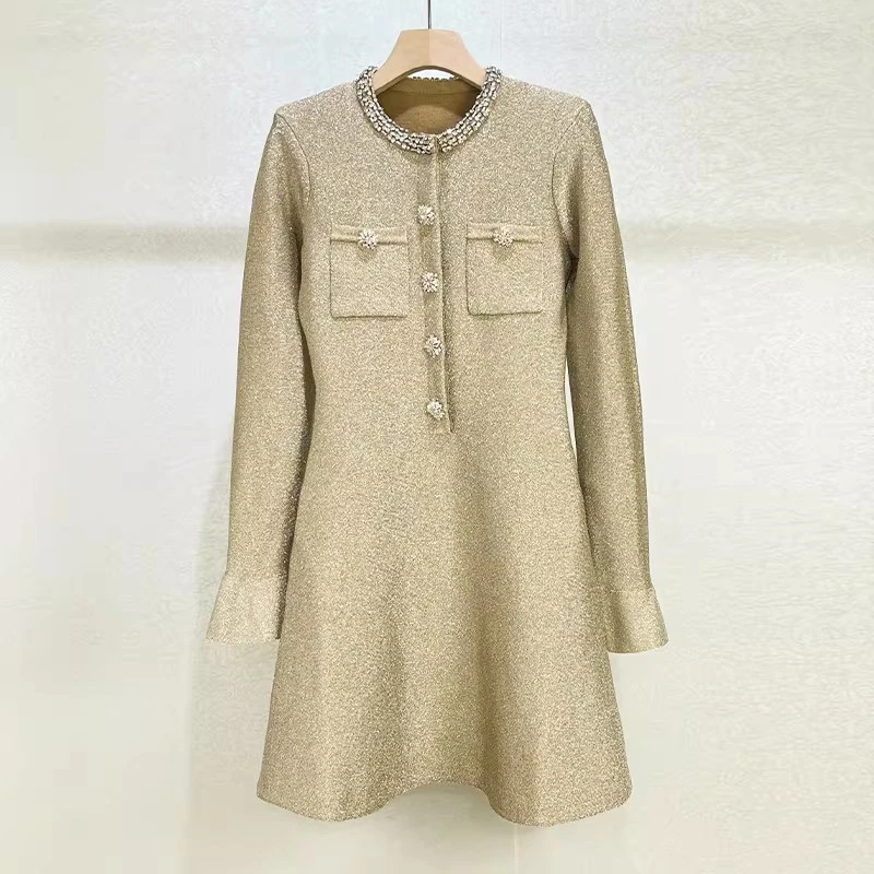Spring 2026 New Heavyweight Gold Thread Knitted Long Sleeve Diamond Collar Dress High Quality Fashion Commute Slim Mini Skirt