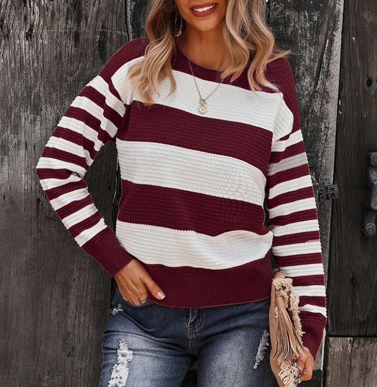 

Women's round neck long sleeved commuting style 2024 summer new striped patchwork sweater top for warmth and comfort