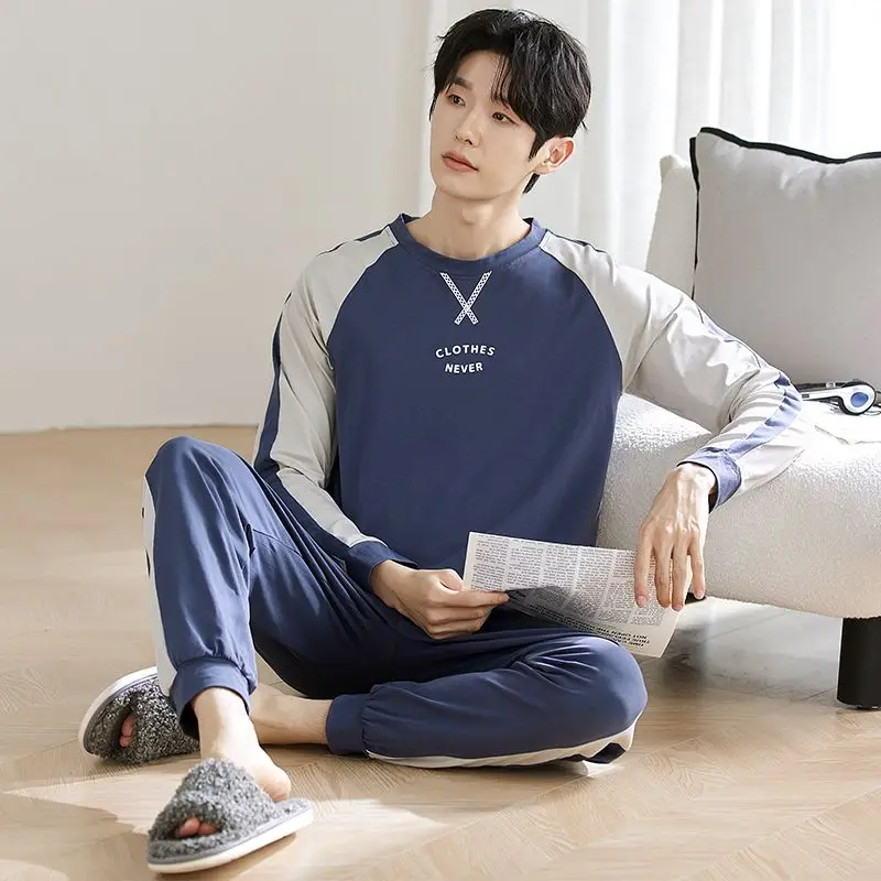 أطقم بيجامات قطنية 100% بأكمام طويلة لخريف 2025 للرجال ملابس نوم كورية فضفاضة عالية الجودة ملابس منزلية للرجال ملابس منزلية #4