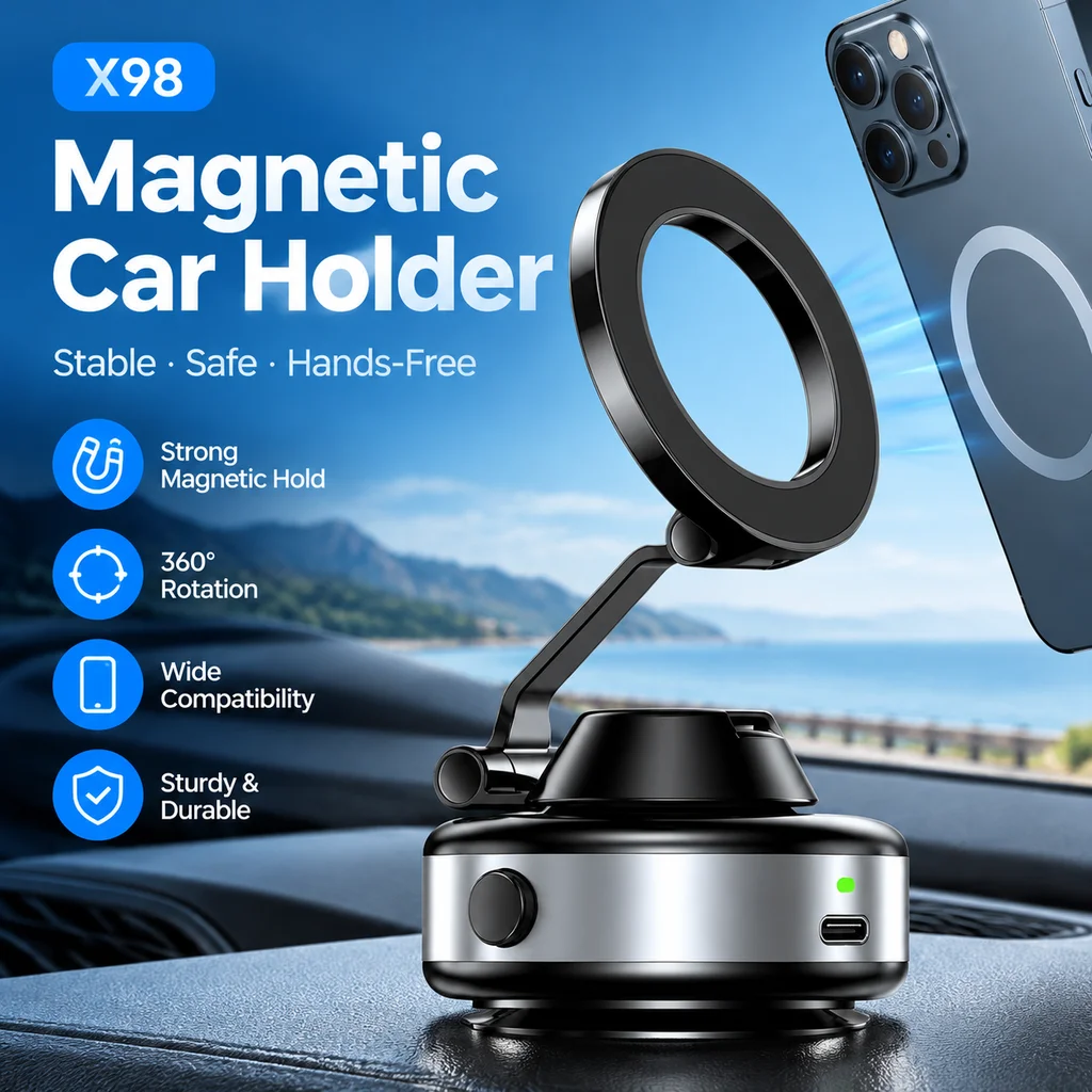 X98 Car Phone Holder Electric Vacuum Suction Cup 360 Rotation Strong Magnetic Foldable Stand for iphone 12-16 Pro Xiaomi Samsung