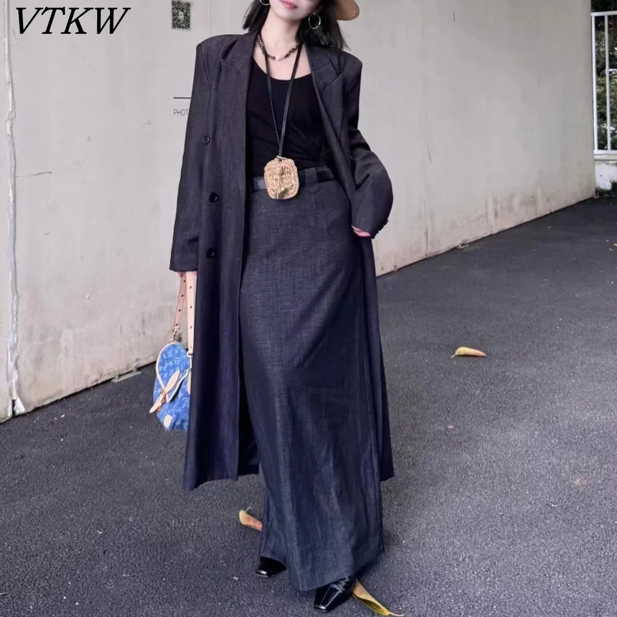 

VTKW Woman's Blazer Collarless Solid-color Double-breasted 2025 Spring Style Simple High-quality Loose Long-sleeved Suit Jacket