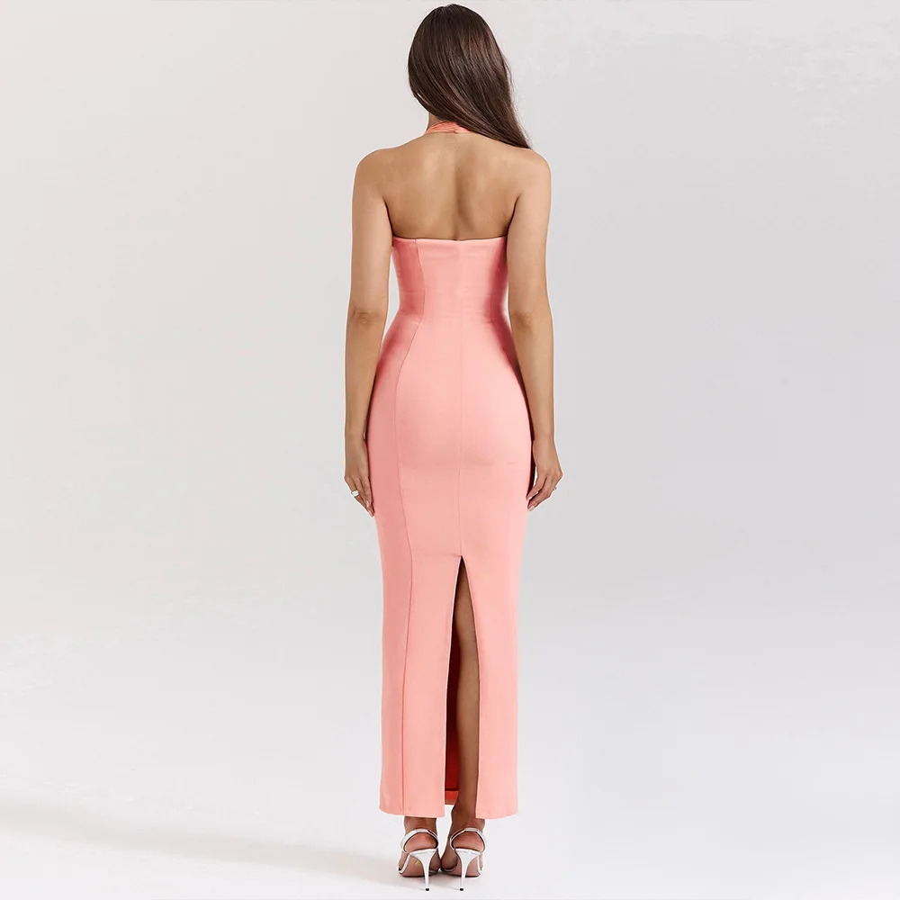 Sexy Roze Push-Up Lange Jurk Dames 2024 Zomer Split Zwart Uitgesneden Club Bodycon Jurk Vrouwen Strakke Maxi Avond Feestjurken