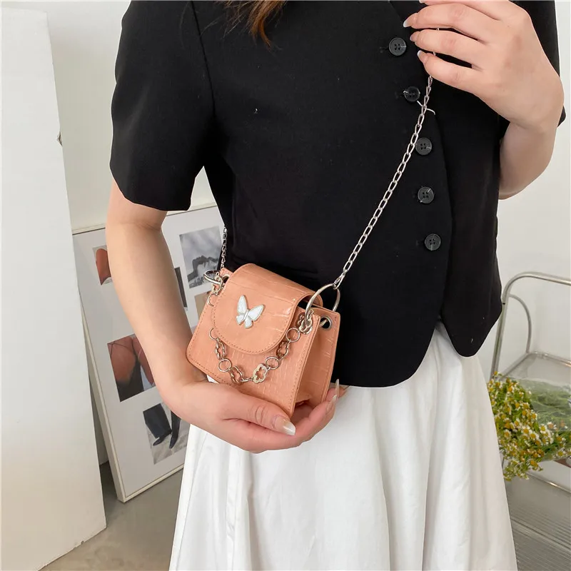 2022 New Simple Fashion Korea Retro Cute Chain Butterfly Decoration Mini Lipstick Bag Shoulder Bag fsle retro denim blue women mini skirts high waist pocket decoration short denim pleated skirt 74 1% cotton spice girl skirt