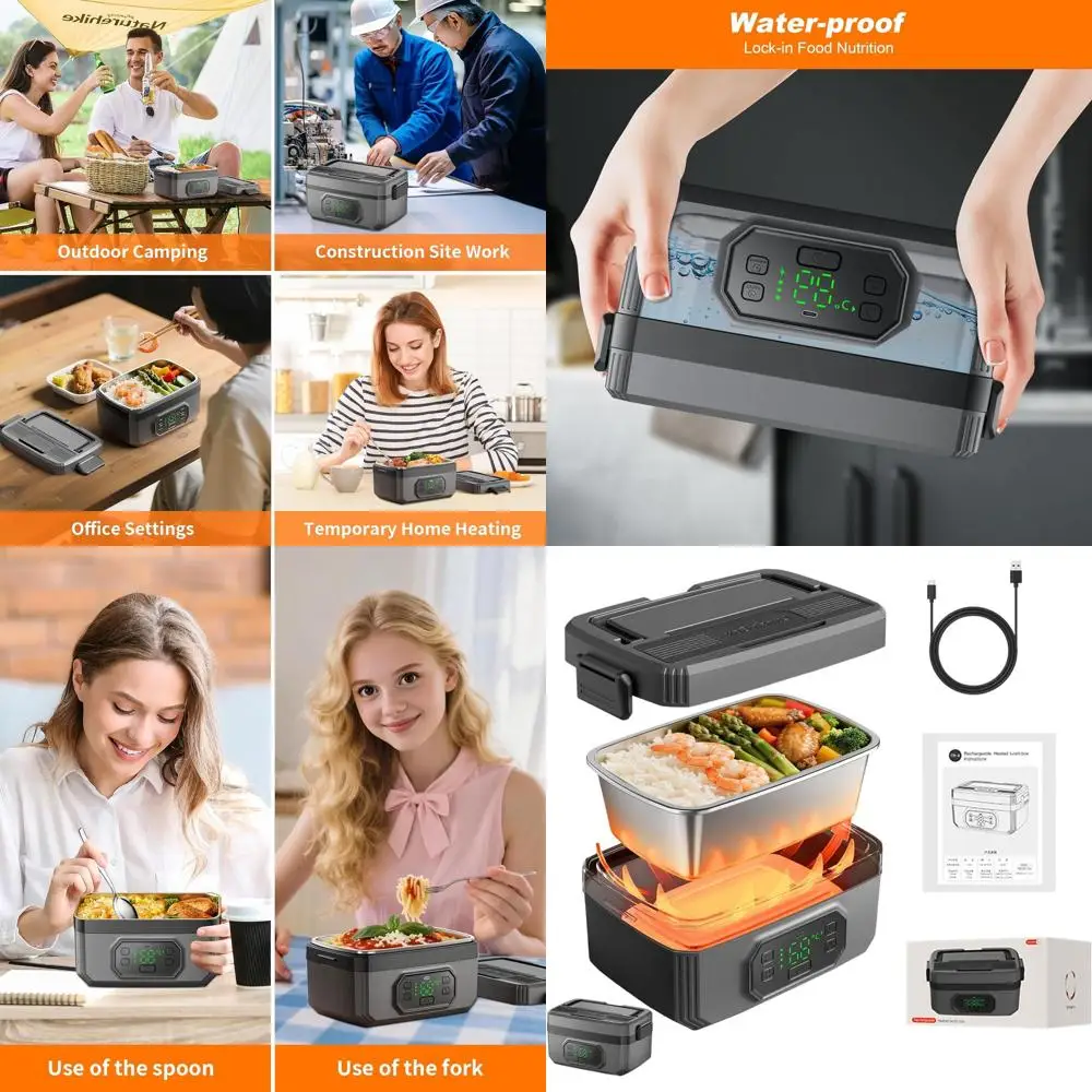 

Электрический ланч-бокс из нержавеющей стали объемом 1,6 л с таймером, перезаряжаемый, для взрослых, аккумулятор 24 000 мАч, идеально подходит для работы, путешествий и кемпинга
