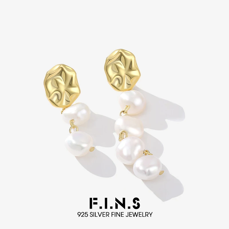 

F.I.N.S Asymmetrical S925 Sterling Silver Freshwater Baroque Pearl Stud Earrings Minimalist Uneven Piercing Ear Drops Fine Jewel