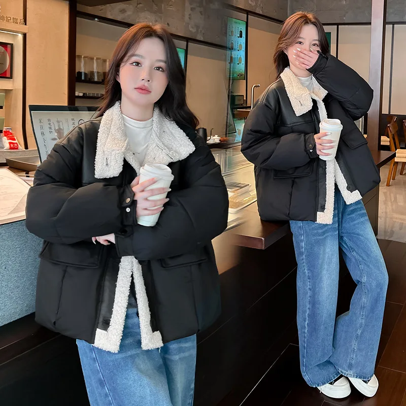 Women PU Leather Parkas Coat Spliced Shearing Jacket Oversize Solid Turn Down Collar Loose Thick Casual Office Lady Winter 2025