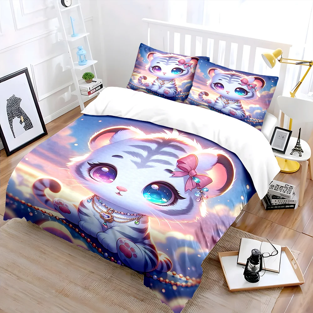 Adorable tiger with jeweled necklace Bedding Set for Kids Luxury Gift 3pcs Digital Print Comforter Set Soft Comfortable