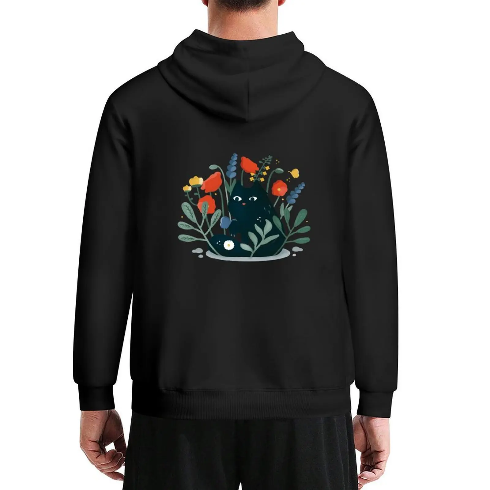 

Black cat in the garden with flowers Hoodie korean style clothes autumn new products men clothing autumn jacket men hoodie men