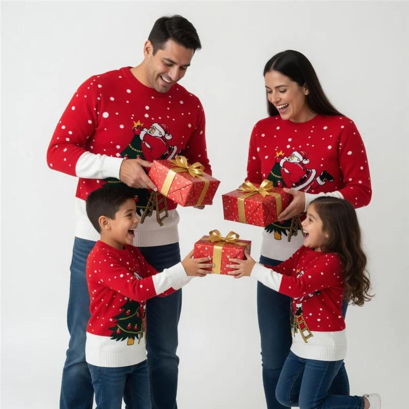 Christmas Family Matching Sweater Winter Xmas Cartoon Elk Print Warm Knitwear Adult Kids Long Sleeve Pullover Tops Streetwear