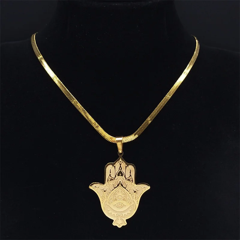 Hamsa Hand Stainless Steel Necklace Gold Color Amulet Hand of Fatima Necklaces Islamic Religious Arabic Jewelry mano de fatima