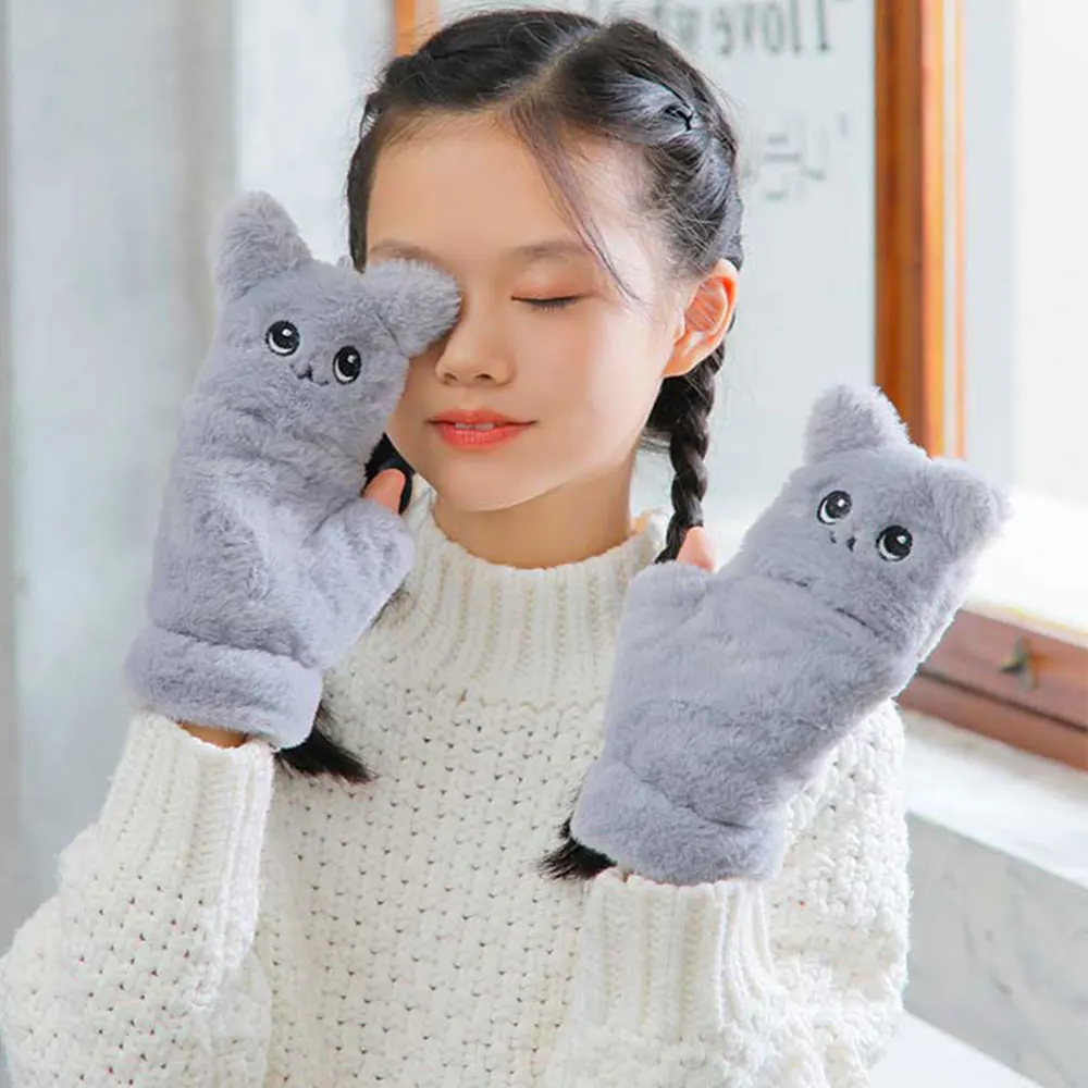 Cute Rabbit Fur Knit Mittens Plush Fingerless Gloves Flip Half Finger Driving Glove Winter Soft Warm Thick Gloves for Women Girl