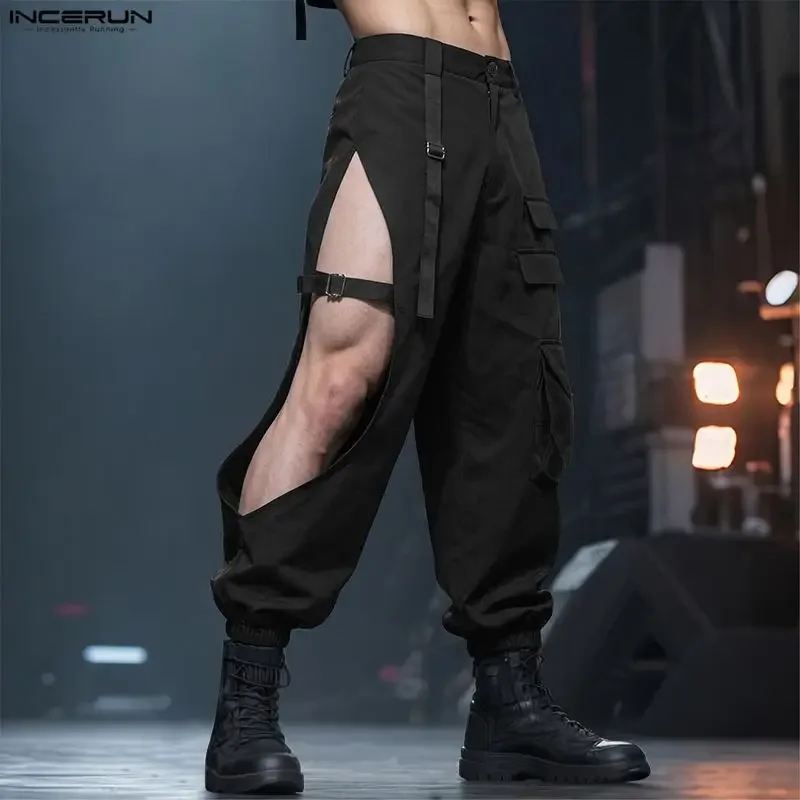 INCERUN Herrenhose, einfarbig, mit Knöpfen, ausgehöhlt, modische Cargohose für Herren, Streetwear, Jogger, 2026, modische Freizeithose, Pantalones