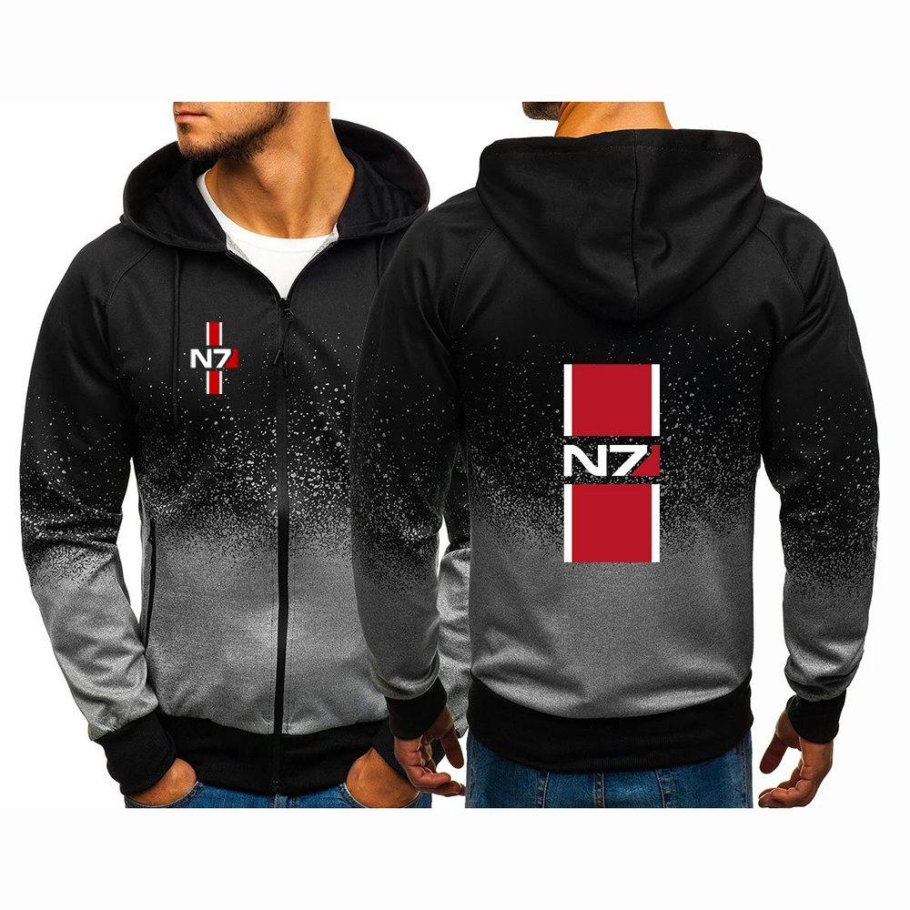 2024 Spring Autumn Men N7 Mass Effect Logo Print Popular Gradient Color Sports Personality Cardigan Zipper Classic Hooded Jacket