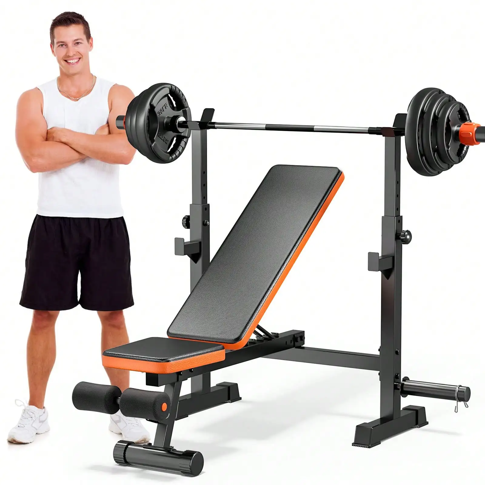 GIKPAL 770lbs 5-In-1 Adjustable Weight Bench For Home Gym – Multi-Purpose Bench Press With Squat Rack, 7-Level Backrest & Barbell Storage | Full Body Strength Training (Black/Orange)