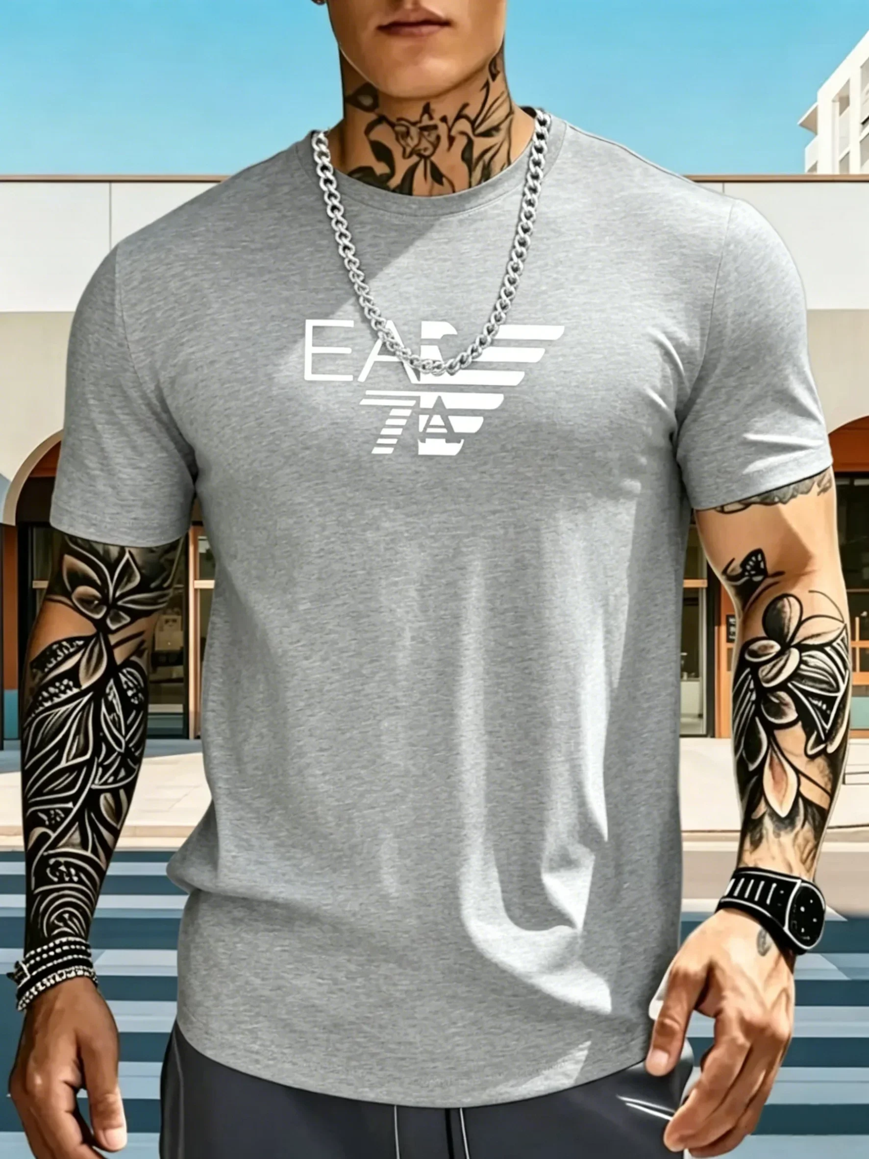 Herren Sommer T-Shirt aus reiner Baumwolle mit EA7-Buchstaben-Print, kurzärmelig, lässig, Streetwear, Baumwoll-T-Shirt mit Rundhalsausschnitt
